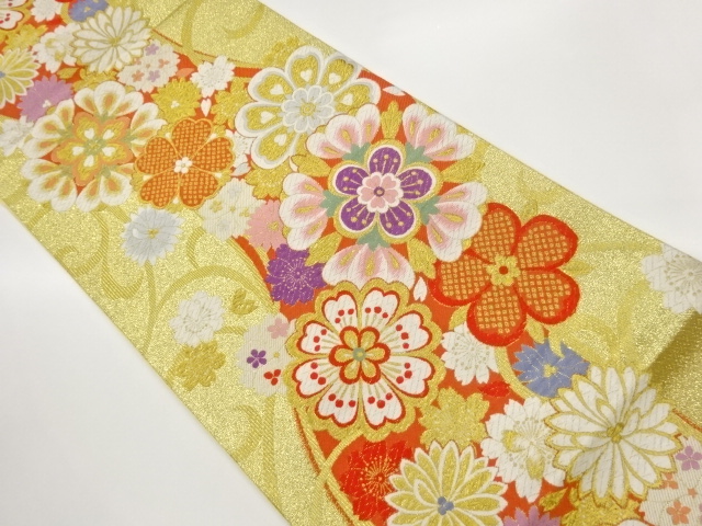 JAPANESE KIMONO / FUKURO OBI / SILK / WOVEN FLORAL CREST & FLOWERS & WAVY STRIPE